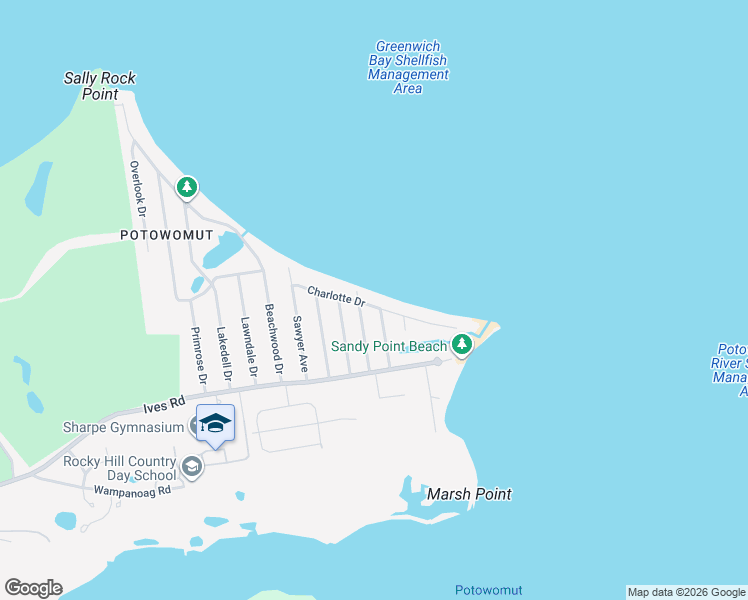 map of restaurants, bars, coffee shops, grocery stores, and more near 129 Charlotte Drive in East Greenwich