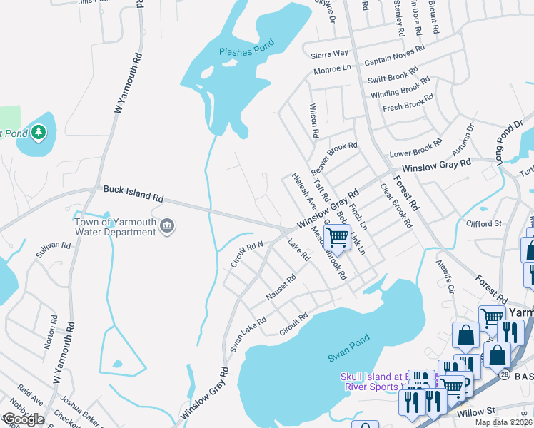 map of restaurants, bars, coffee shops, grocery stores, and more near 24 Lake Road West in Yarmouth