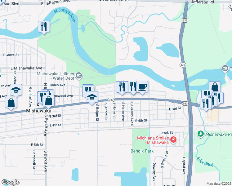 map of restaurants, bars, coffee shops, grocery stores, and more near 1803 Homewood Avenue in Mishawaka