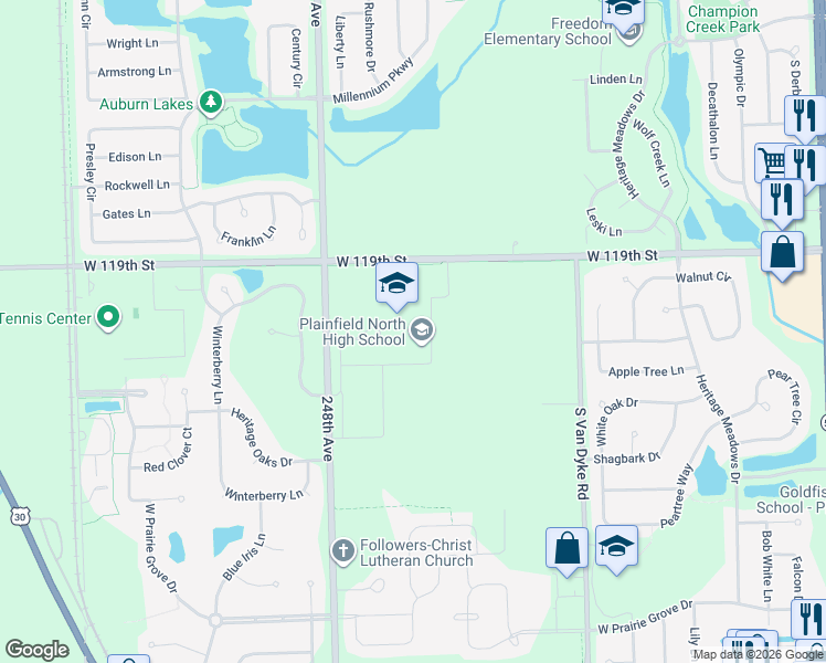 map of restaurants, bars, coffee shops, grocery stores, and more near 12005 248th Avenue in Plainfield