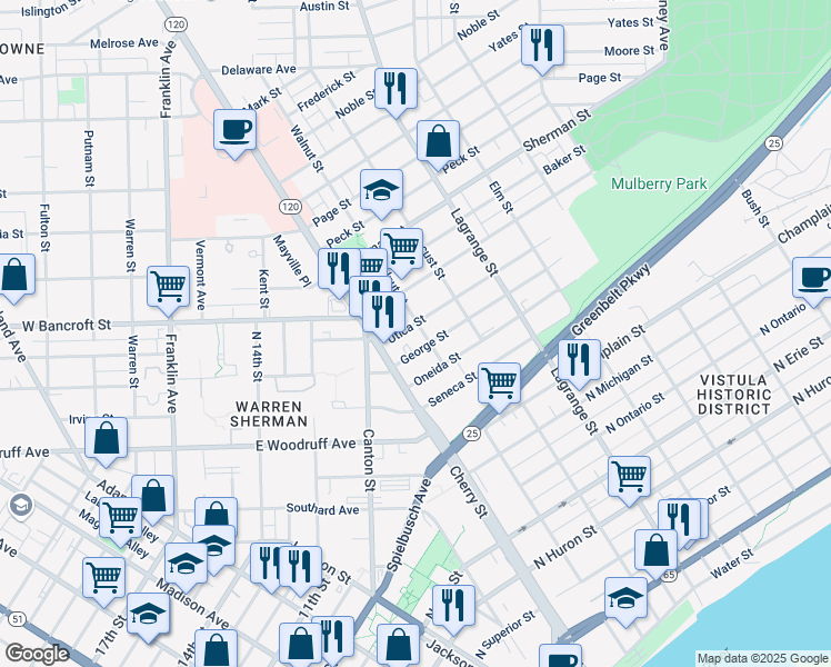 map of restaurants, bars, coffee shops, grocery stores, and more near 1413 Walnut Street in Toledo