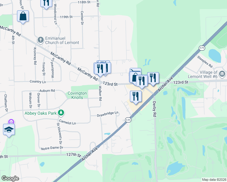 map of restaurants, bars, coffee shops, grocery stores, and more near 14322 McCarthy Road in Lemont