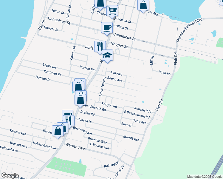 map of restaurants, bars, coffee shops, grocery stores, and more near 36 Evergreen Avenue in Tiverton