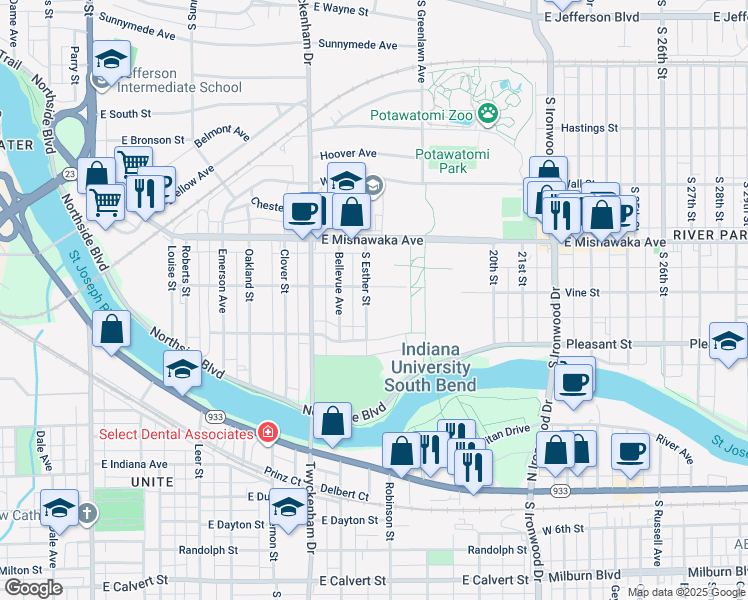 map of restaurants, bars, coffee shops, grocery stores, and more near 1720 Ruskin Street in South Bend