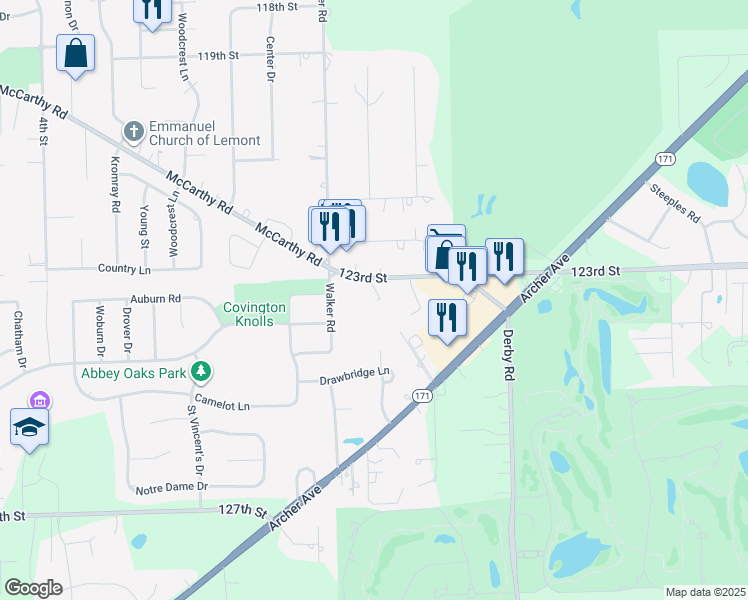 map of restaurants, bars, coffee shops, grocery stores, and more near 14322 McCarthy Road in Lemont