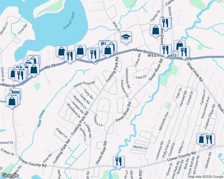 map of restaurants, bars, coffee shops, grocery stores, and more near 12 Tamarack Road in Dennis