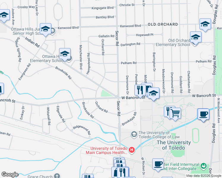 map of restaurants, bars, coffee shops, grocery stores, and more near 3342 Indian Road in Toledo