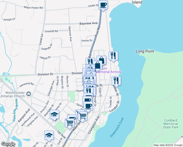 map of restaurants, bars, coffee shops, grocery stores, and more near 6 Main Street in East Greenwich