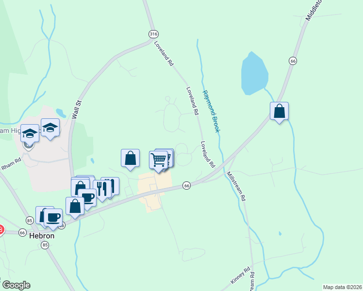 map of restaurants, bars, coffee shops, grocery stores, and more near 15 Gilbert Lane in Hebron