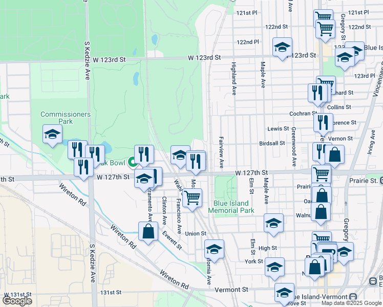 map of restaurants, bars, coffee shops, grocery stores, and more near 2832 Francisco Avenue in Blue Island