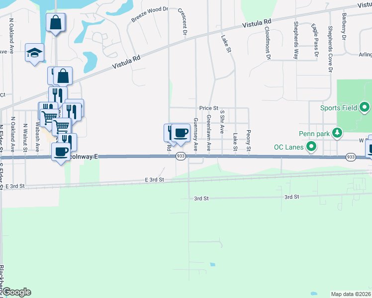 map of restaurants, bars, coffee shops, grocery stores, and more near 5432 Lincolnway East in Osceola