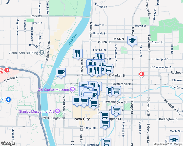 map of restaurants, bars, coffee shops, grocery stores, and more near 204 North Dubuque Street in Iowa City