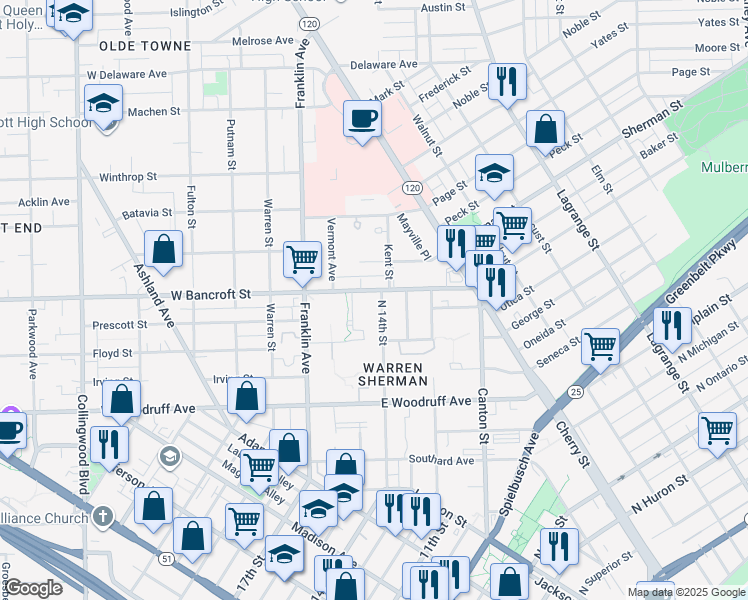 map of restaurants, bars, coffee shops, grocery stores, and more near 2145 North 14th Street in Toledo