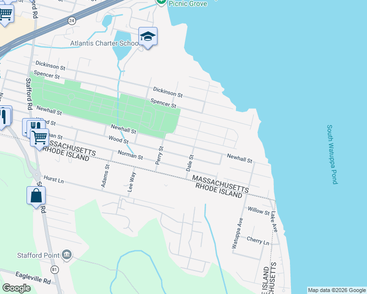 map of restaurants, bars, coffee shops, grocery stores, and more near 759 Newhall Street in Fall River