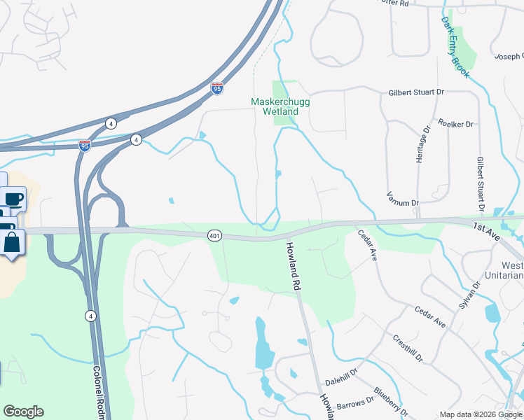 map of restaurants, bars, coffee shops, grocery stores, and more near 544 Greenbush Road in East Greenwich