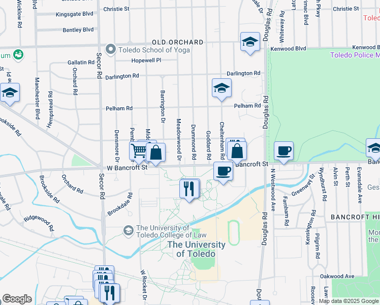 map of restaurants, bars, coffee shops, grocery stores, and more near 2233 Drummond Rd in Toledo