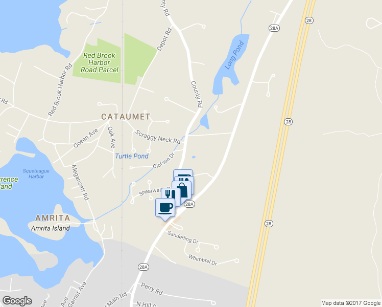 map of restaurants, bars, coffee shops, grocery stores, and more near 1295 County Road in Bourne