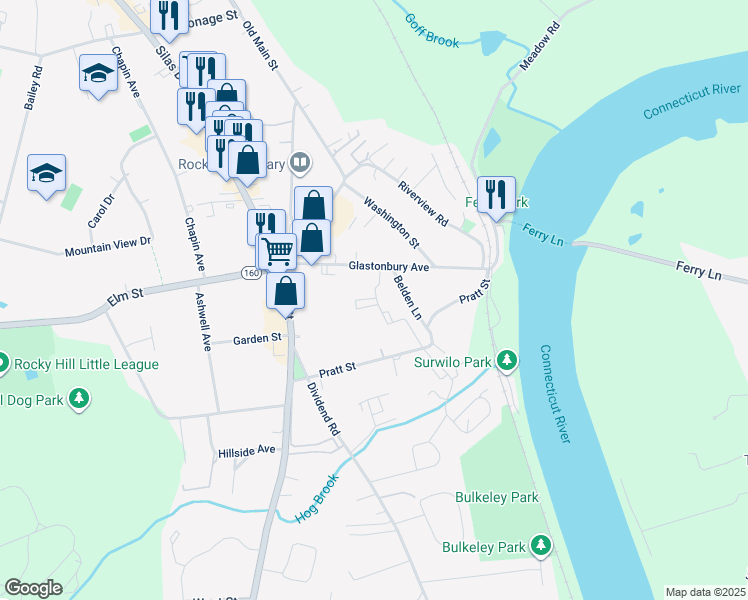 map of restaurants, bars, coffee shops, grocery stores, and more near 201 Cedar Hollow Drive in Rocky Hill