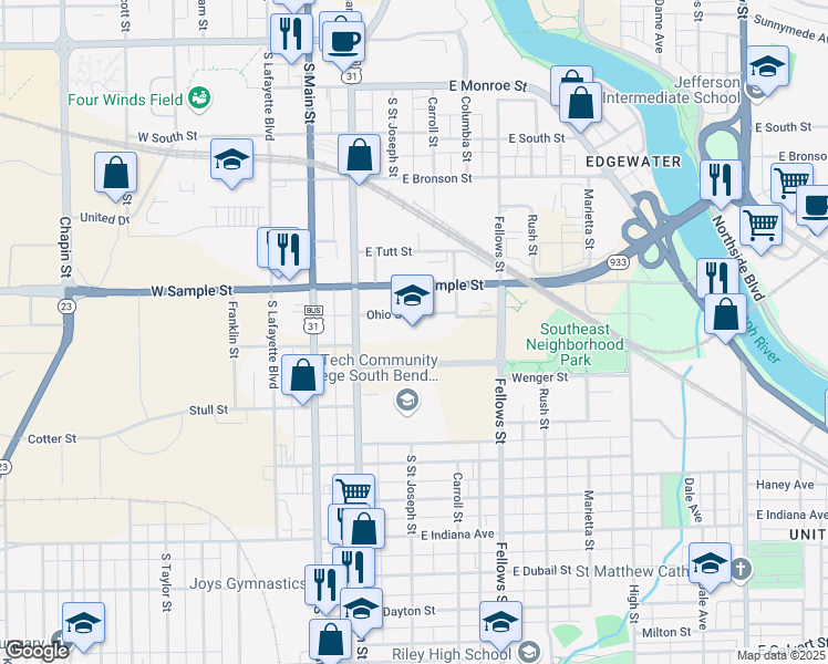 map of restaurants, bars, coffee shops, grocery stores, and more near 1000 South Michigan Street in South Bend