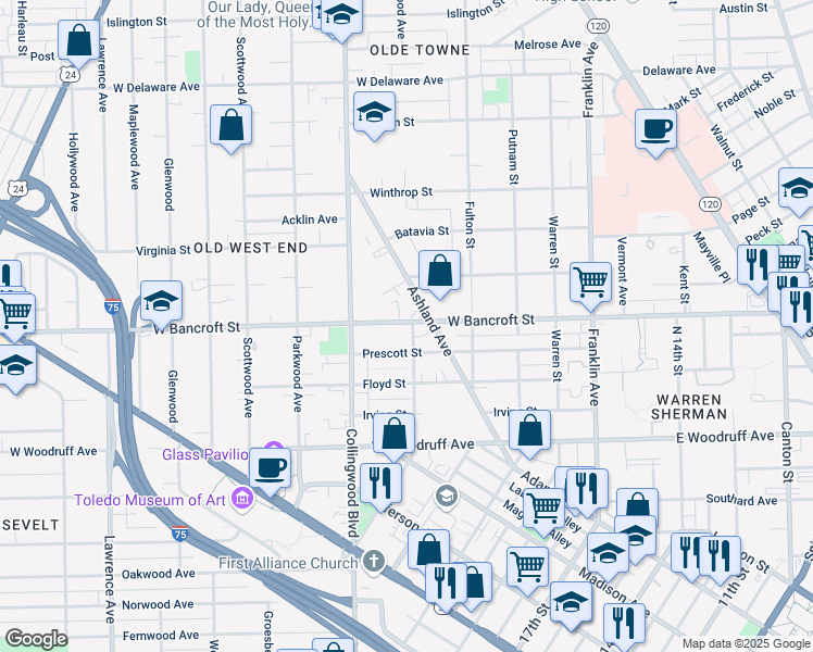 map of restaurants, bars, coffee shops, grocery stores, and more near 403 Bancroft Street in Toledo