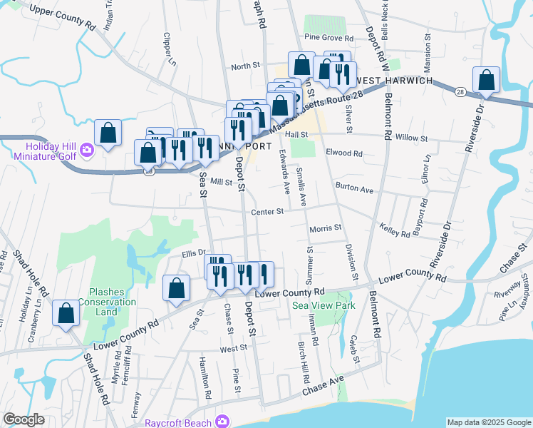map of restaurants, bars, coffee shops, grocery stores, and more near 70 Pleasant Street in Dennis
