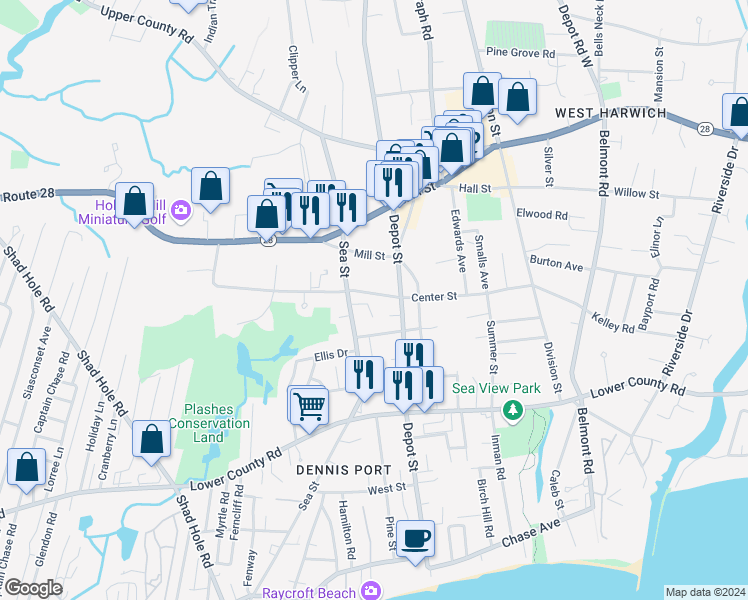 map of restaurants, bars, coffee shops, grocery stores, and more near 113 Center Street in Dennis