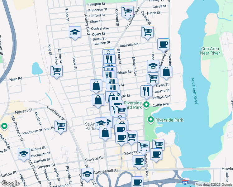 map of restaurants, bars, coffee shops, grocery stores, and more near 186 Davis Street in New Bedford