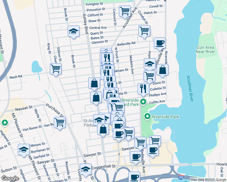 map of restaurants, bars, coffee shops, grocery stores, and more near 186 Davis Street in New Bedford