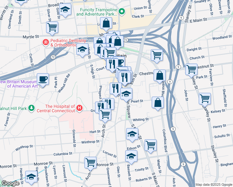 map of restaurants, bars, coffee shops, grocery stores, and more near 31 Glen Street in New Britain