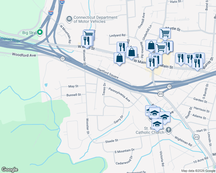 map of restaurants, bars, coffee shops, grocery stores, and more near 500 Black Rock Avenue in New Britain