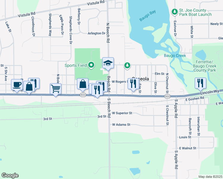 map of restaurants, bars, coffee shops, grocery stores, and more near 101-109 N Beech Rd in Osceola