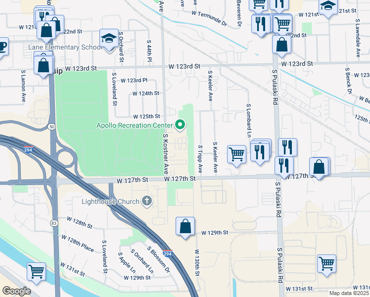 map of restaurants, bars, coffee shops, grocery stores, and more near 4309 West Park Lane Drive in Alsip
