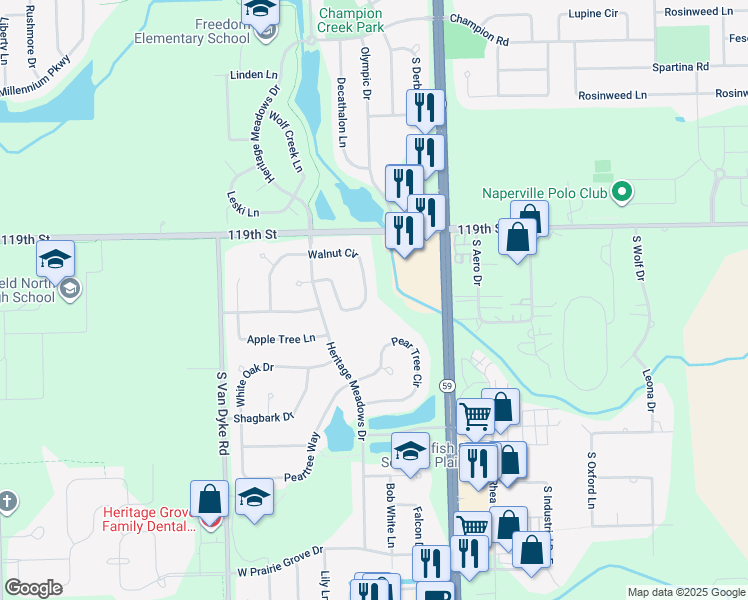 map of restaurants, bars, coffee shops, grocery stores, and more near 24113 Walnut Circle in Plainfield