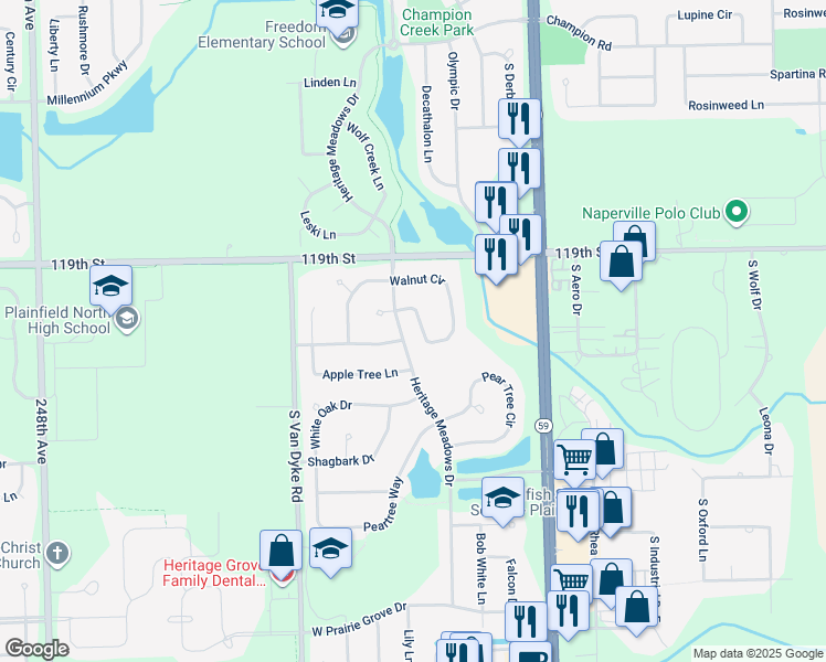 map of restaurants, bars, coffee shops, grocery stores, and more near 24028 Walnut Circle in Plainfield