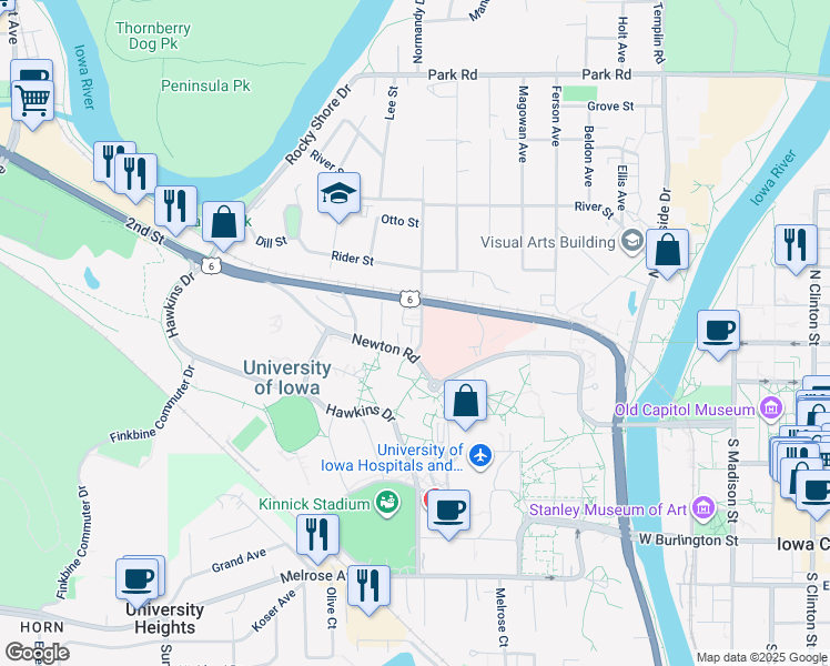 map of restaurants, bars, coffee shops, grocery stores, and more near 38-60 Woolf Avenue in Iowa City