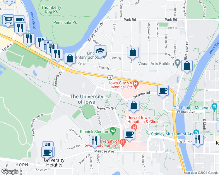 map of restaurants, bars, coffee shops, grocery stores, and more near 24 Lincoln Avenue in Iowa City