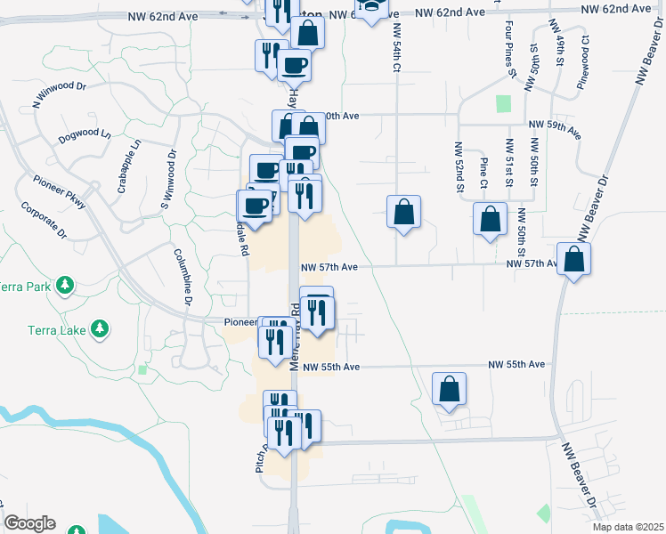 map of restaurants, bars, coffee shops, grocery stores, and more near 5685 Northwest 57th Avenue in Johnston