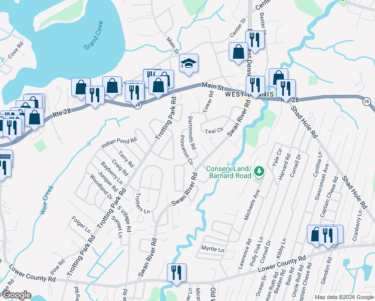 map of restaurants, bars, coffee shops, grocery stores, and more near 26 Princeton Cir in Dennis