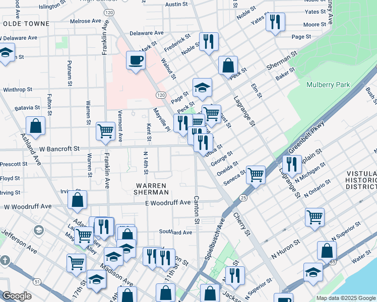 map of restaurants, bars, coffee shops, grocery stores, and more near in Toledo