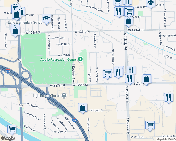 map of restaurants, bars, coffee shops, grocery stores, and more near 12540 South Tripp Avenue in Alsip