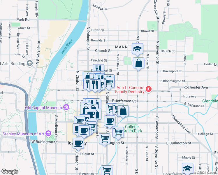map of restaurants, bars, coffee shops, grocery stores, and more near 210 North Gilbert Street in Iowa City