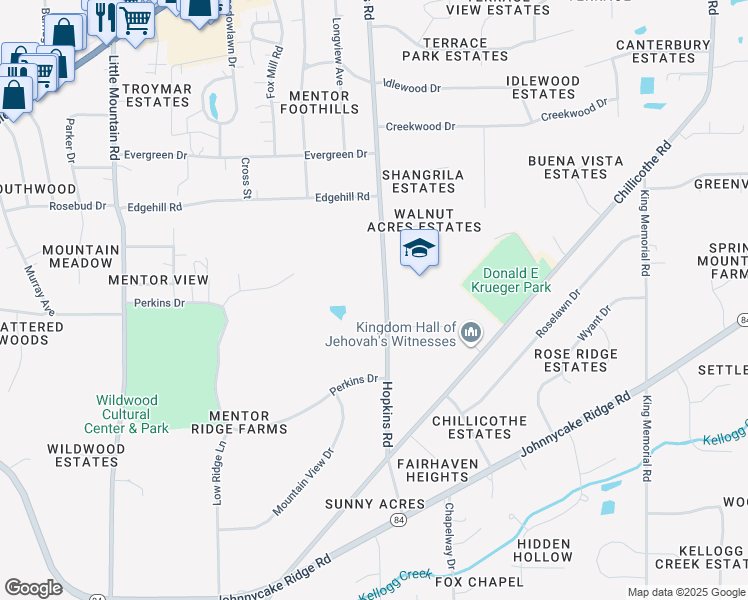 map of restaurants, bars, coffee shops, grocery stores, and more near 7584 Hopkins Road in Mentor