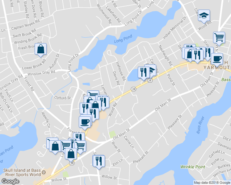 map of restaurants, bars, coffee shops, grocery stores, and more near 1146 Massachusetts 28 in Yarmouth