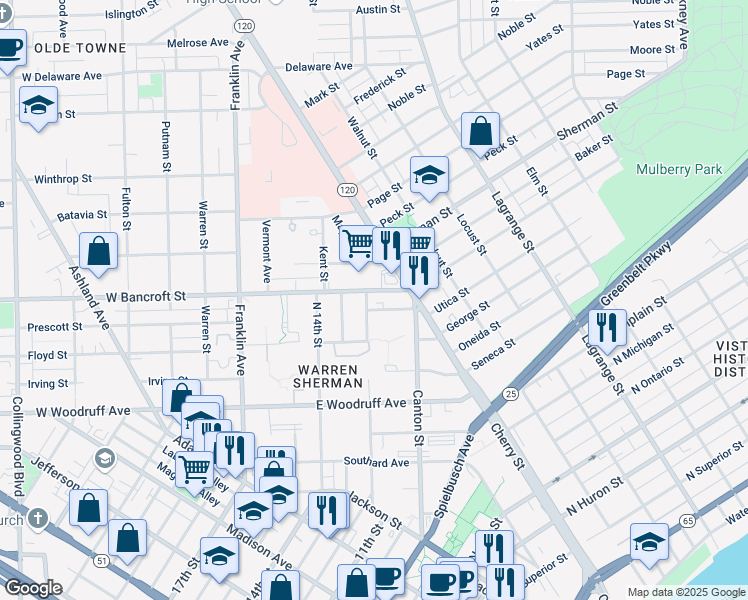 map of restaurants, bars, coffee shops, grocery stores, and more near 2146 North 12th Street in Toledo