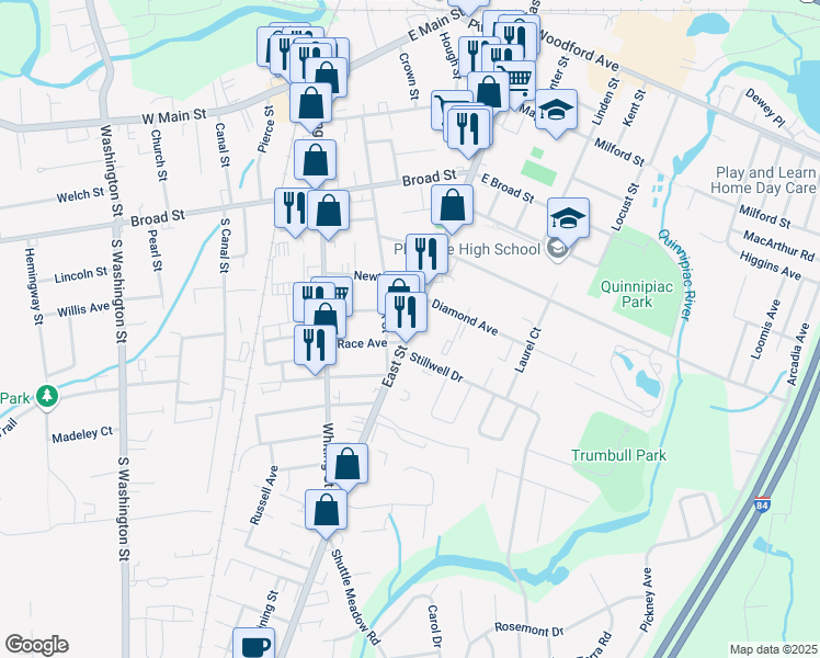 map of restaurants, bars, coffee shops, grocery stores, and more near 177 East St in Plainville