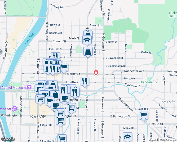 map of restaurants, bars, coffee shops, grocery stores, and more near 218 North Dodge Street in Iowa City