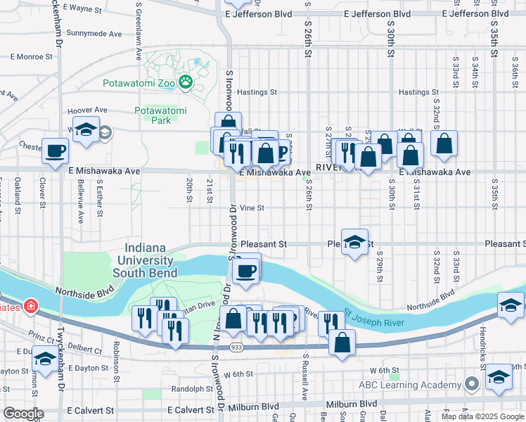 map of restaurants, bars, coffee shops, grocery stores, and more near 1004 South 23rd Street in South Bend