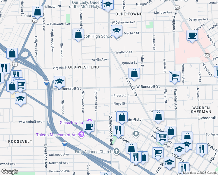 map of restaurants, bars, coffee shops, grocery stores, and more near 444 West Bancroft Street in Toledo