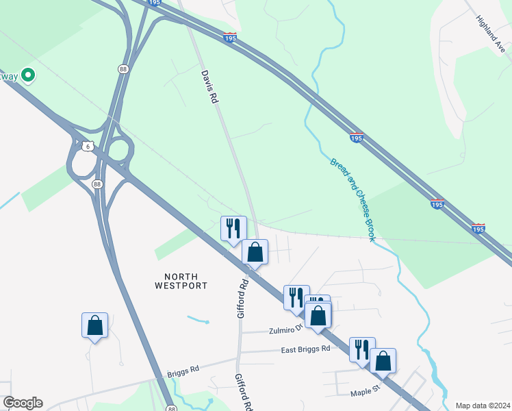 map of restaurants, bars, coffee shops, grocery stores, and more near 55 Davis Road in Westport