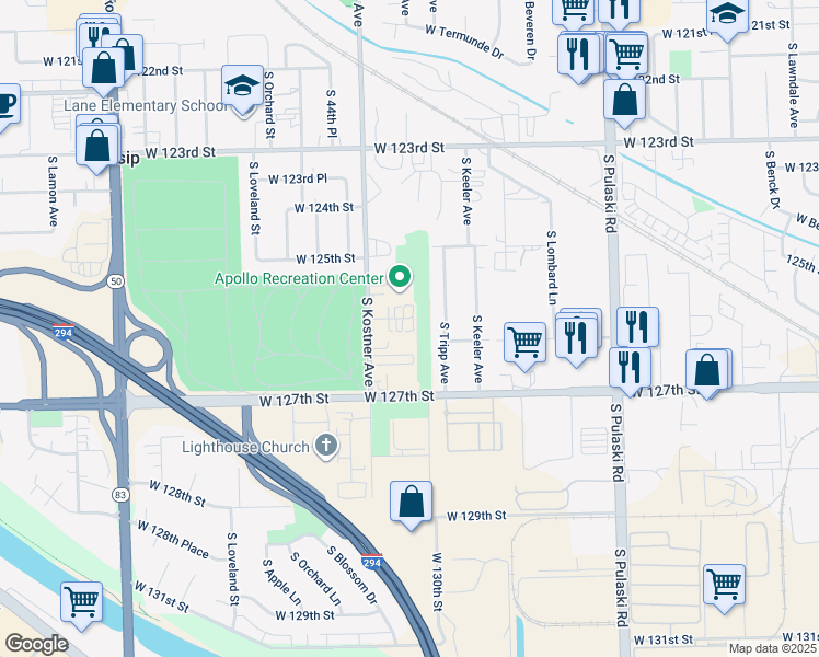 map of restaurants, bars, coffee shops, grocery stores, and more near 4309 West Park Lane Drive in Alsip
